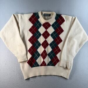 Christopher Hayes XL 100% Pure Wool Argyle Sweater Cream Burgundy Green Crewneck